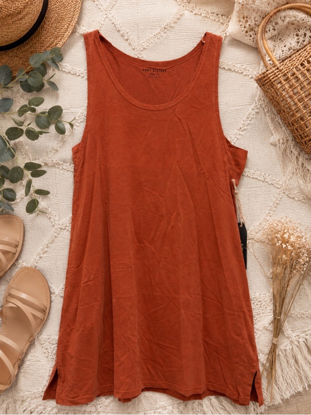 NWT Knot Sisters Small Terracotta Sleeveless Midi Dress Side Slit Minimalist